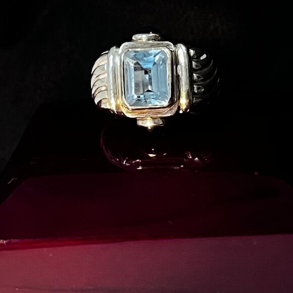 Vintage RING Sky Blue Topaz 4 ct 10mm Emerald Cut Gemstone and Amethyst Cabochon - Picture 6 of 9